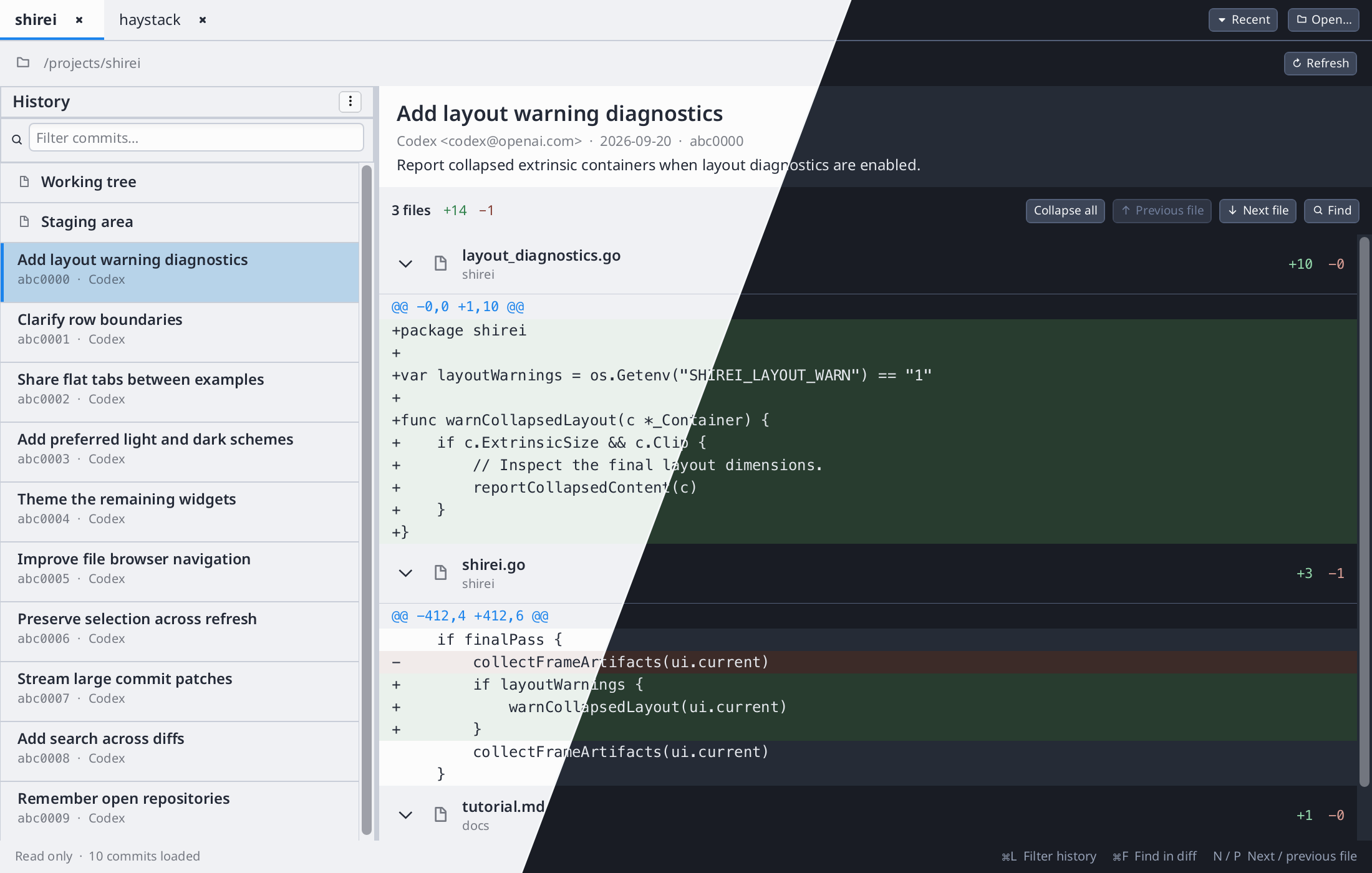 Git History commit list and unified diff split diagonally between light and dark modes