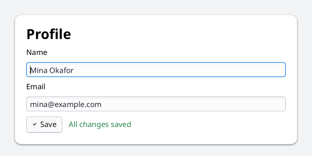Profile form with name and email fields and a Save button