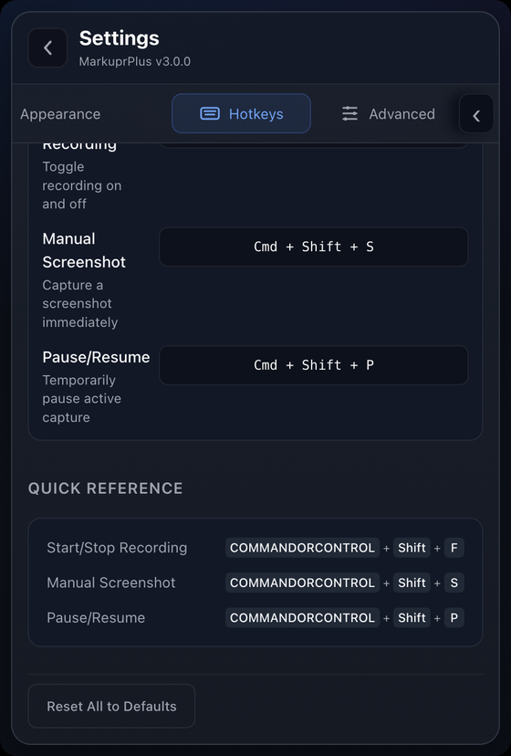 Hotkey settings and quick reference