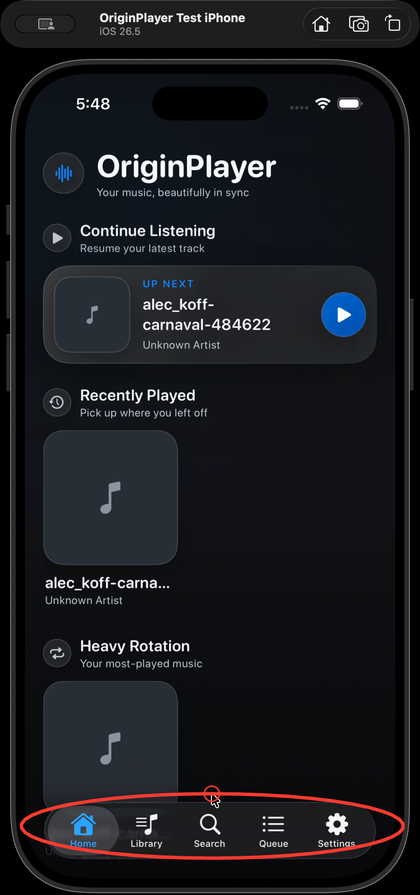 A red hand-drawn ellipse around the tab bar of the app under review