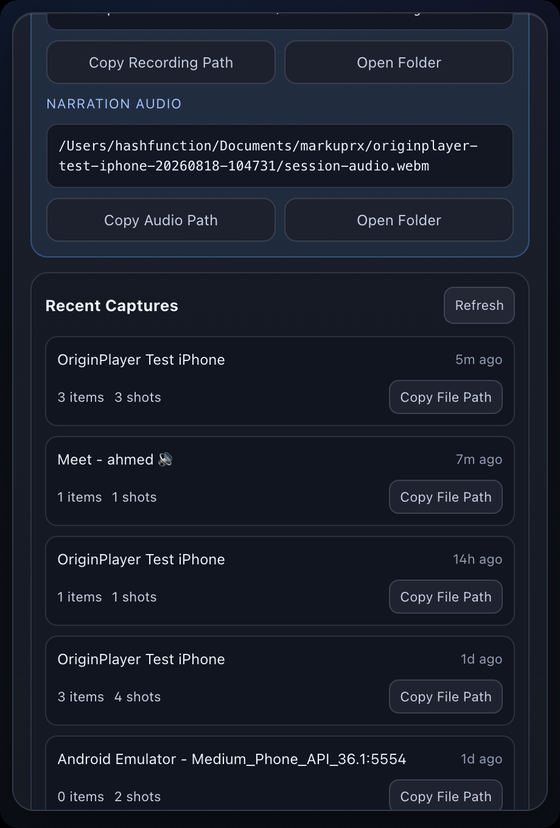 Recent captures list with item and shot counts
