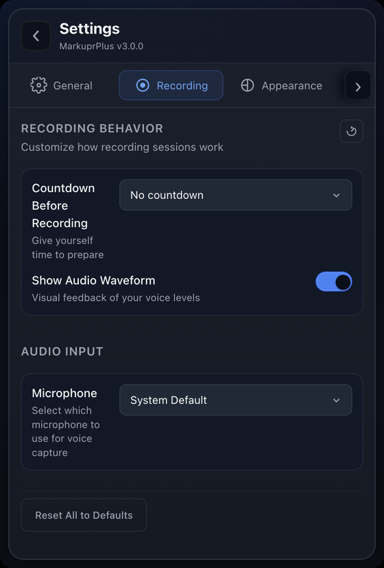 Recording behaviour and audio input settings