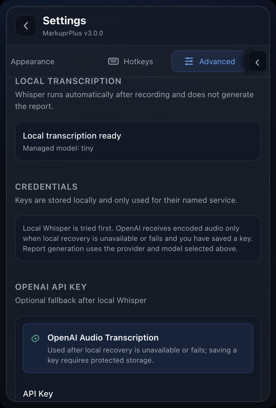 Local transcription and credential settings