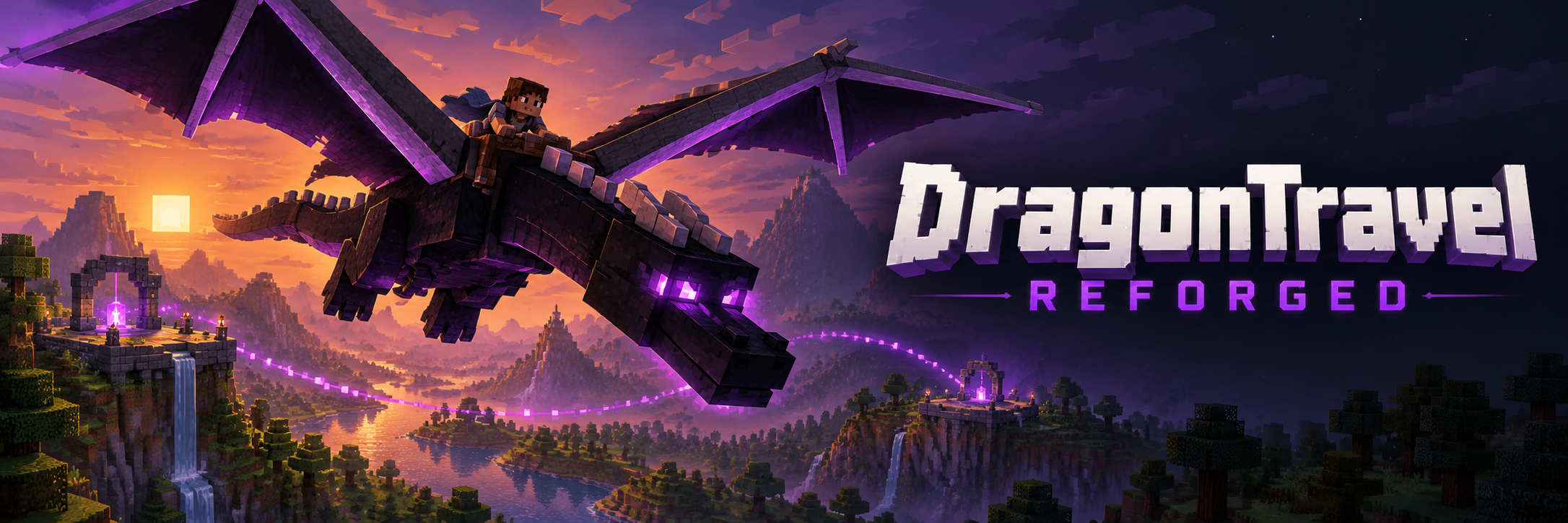 DragonTravel Reforged banner showing a rider travelling on a block-style dragon