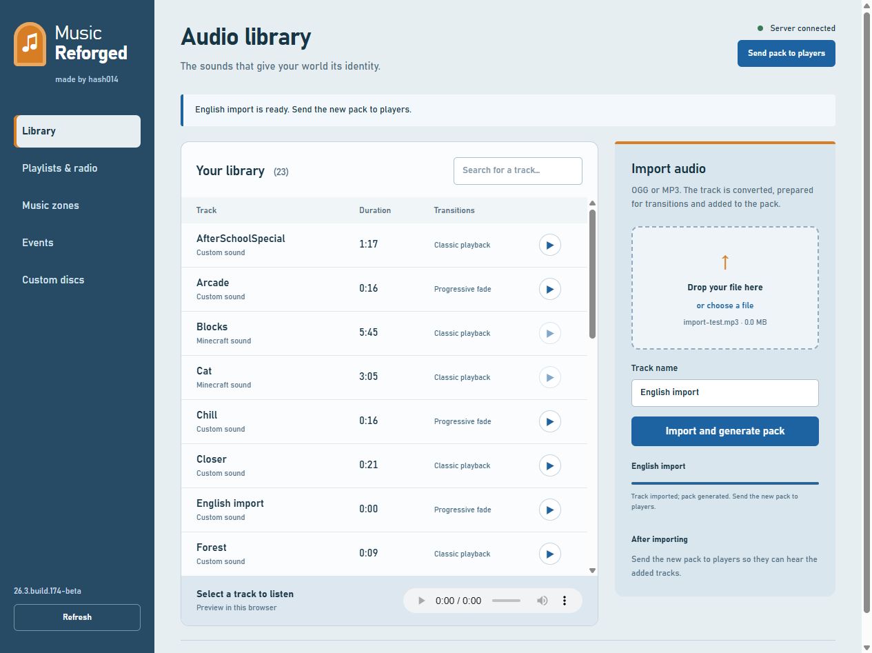 Actual administration interface: completed audio import