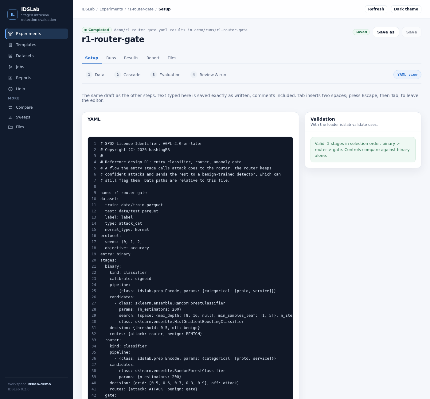 IDSLab guided setup YAML view and validation panel