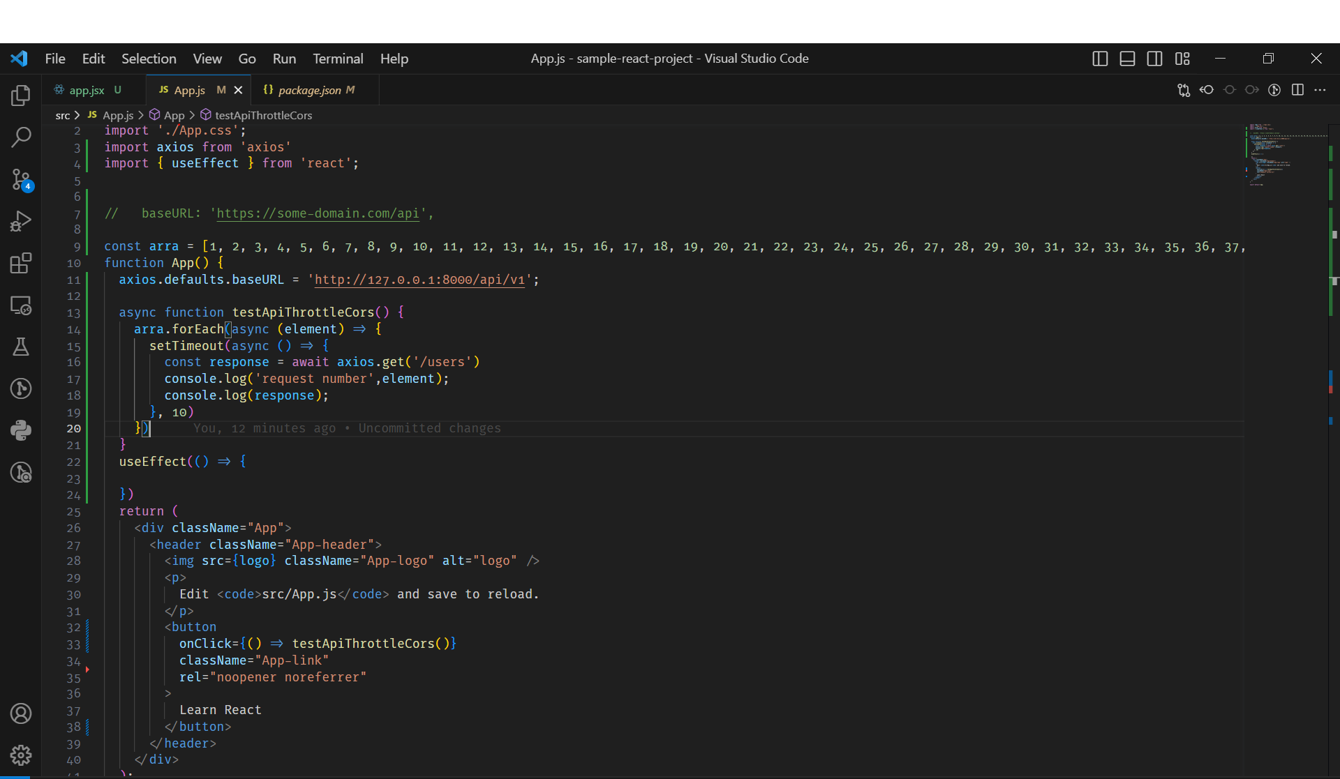 Image of testing CORS Enabled and Rate limiting on a local react project in which I sent 100 requests using setTimeOut, it didn't gave any CORS error and also gave and error after 20 reqyests, it can be seen in the next Image