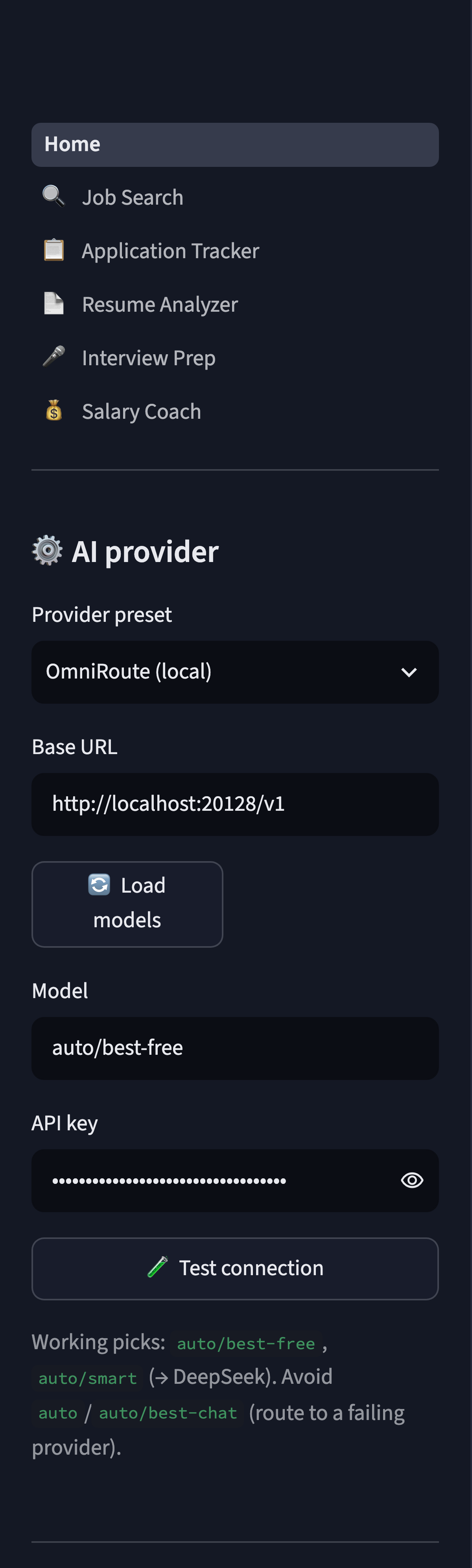 Job-Pilot sidebar configured for OmniRoute