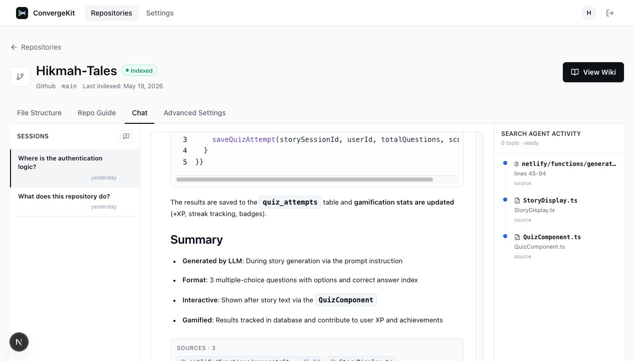 ConvergeKit chat with search agent activity