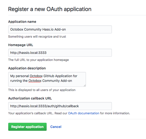 Registering a new application on GitHub