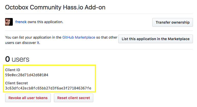 Registered GitHub application showing credentials