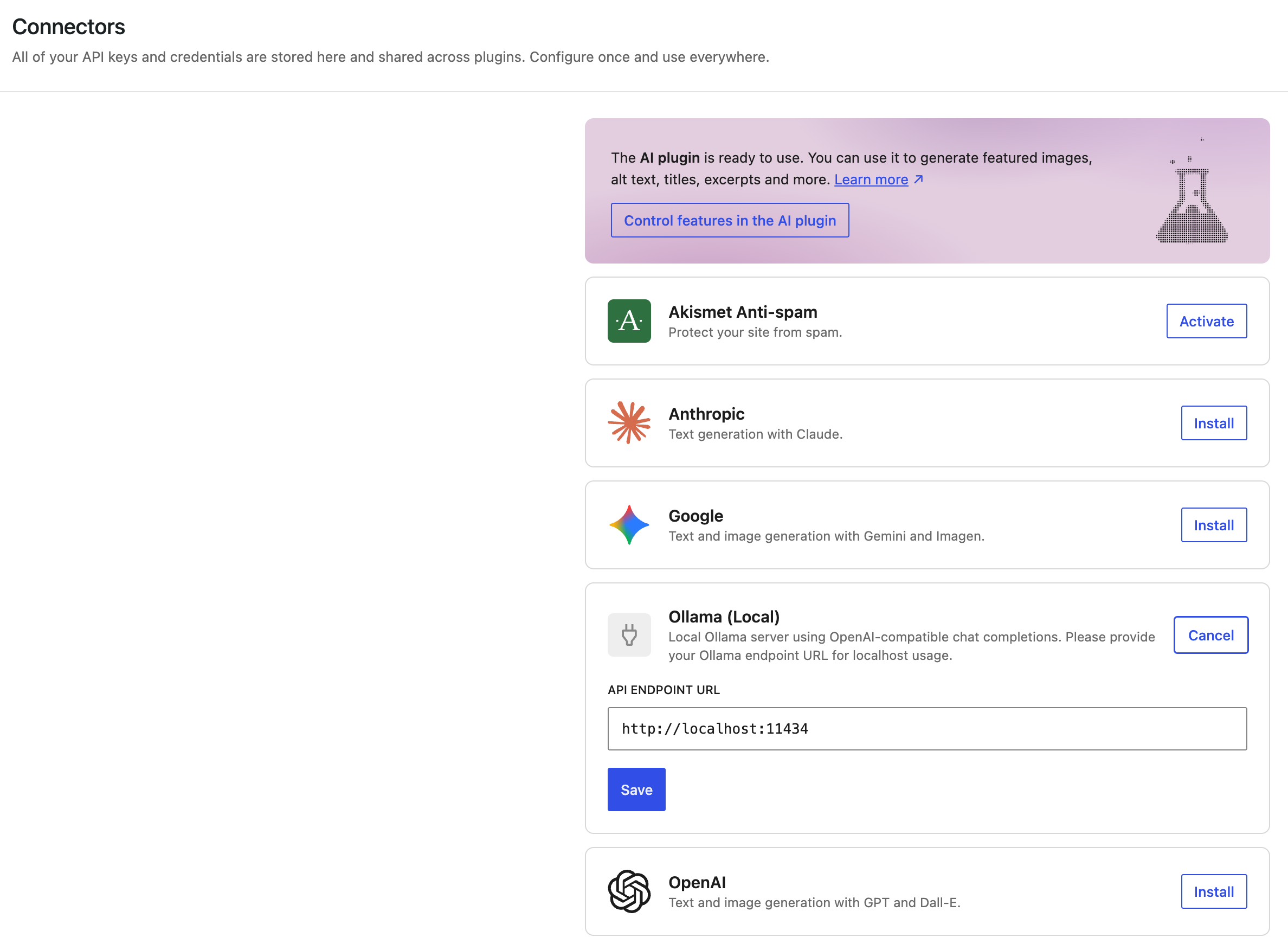 Connector setup screen