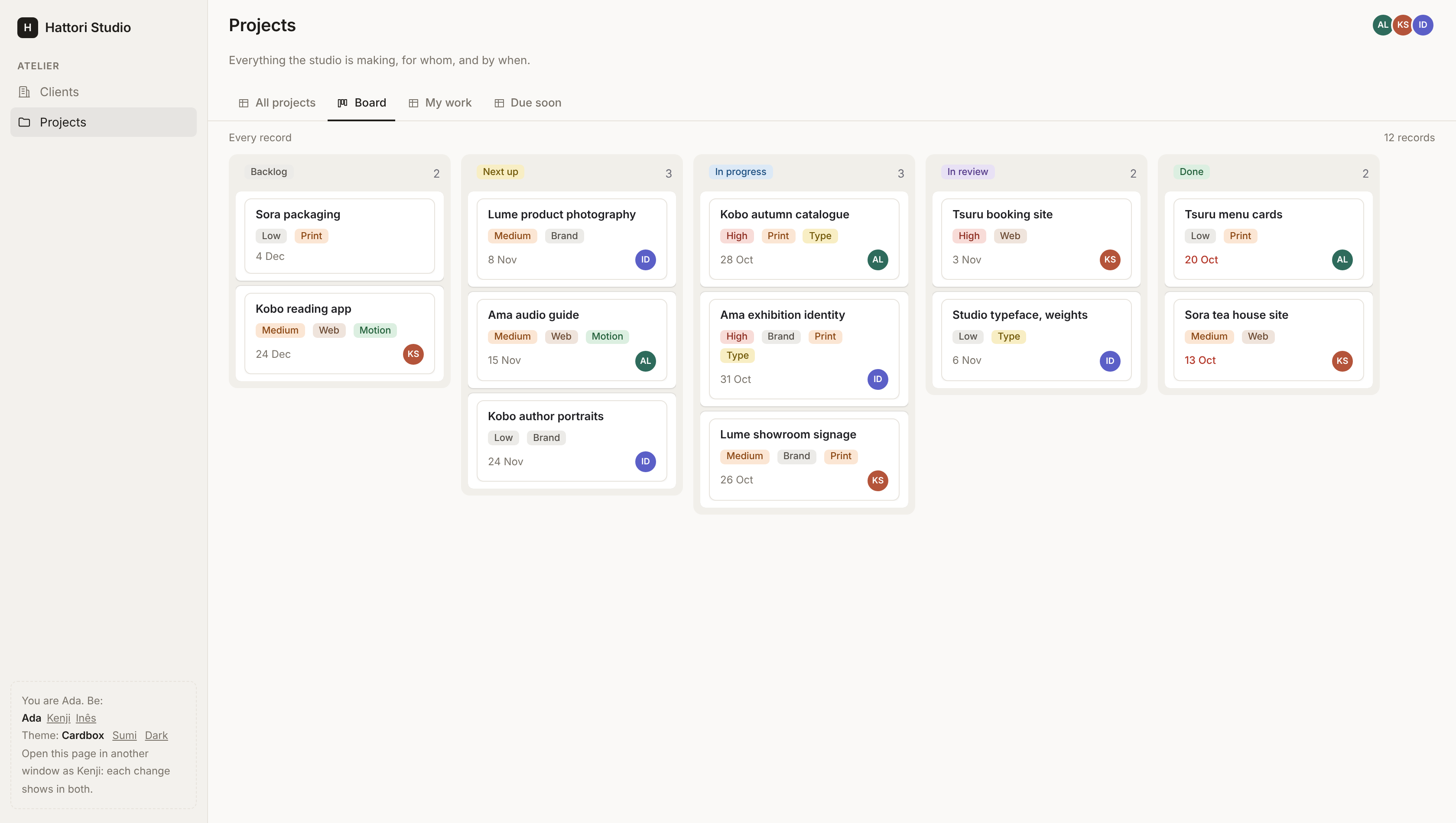 The projects on a Narabe board: a column for each status, cards with their priority, tags, due date and owner