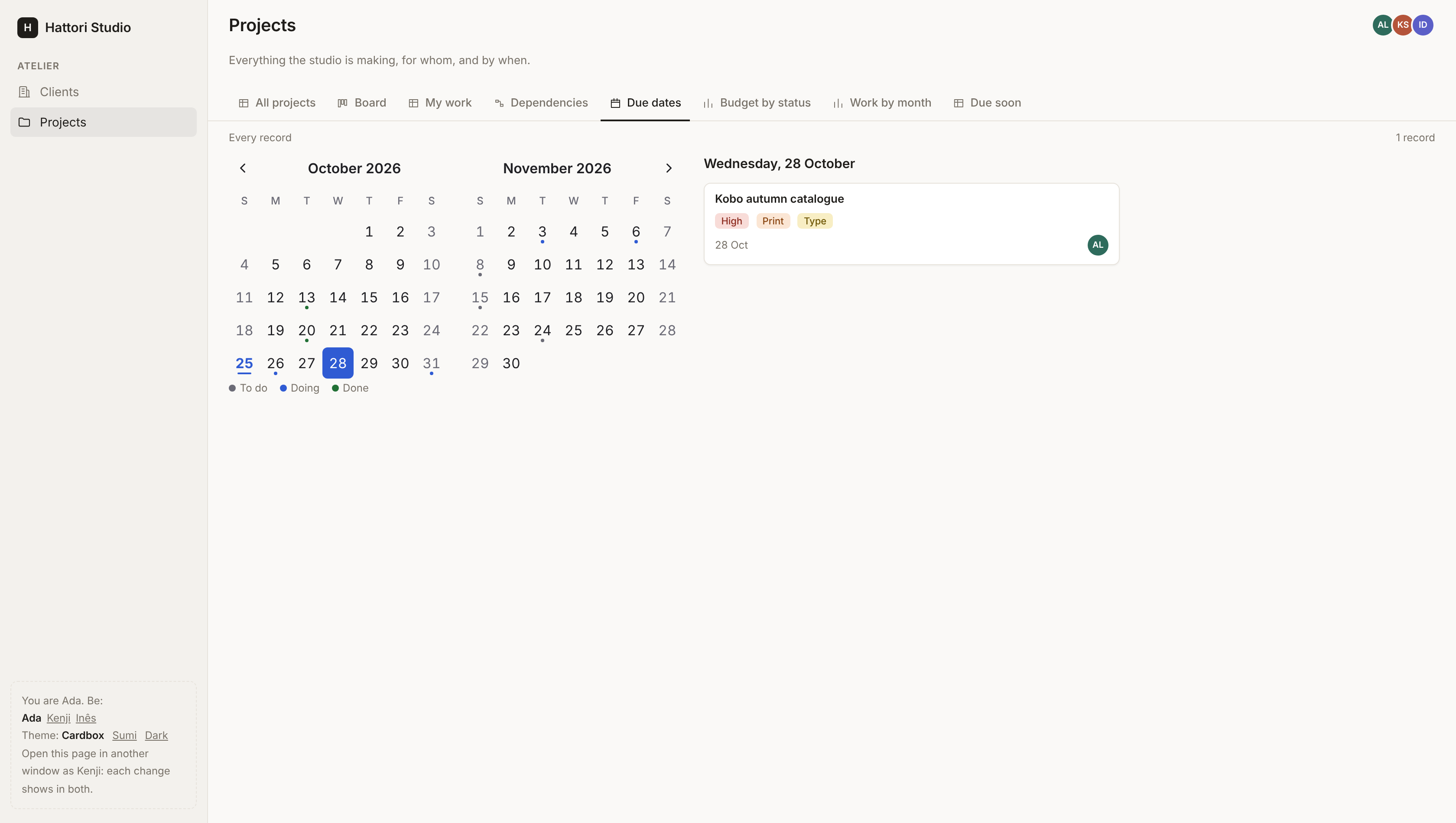 The projects' due dates on a Koyomi calendar: a mark on each day with work, toned by status, and the day picked with its project