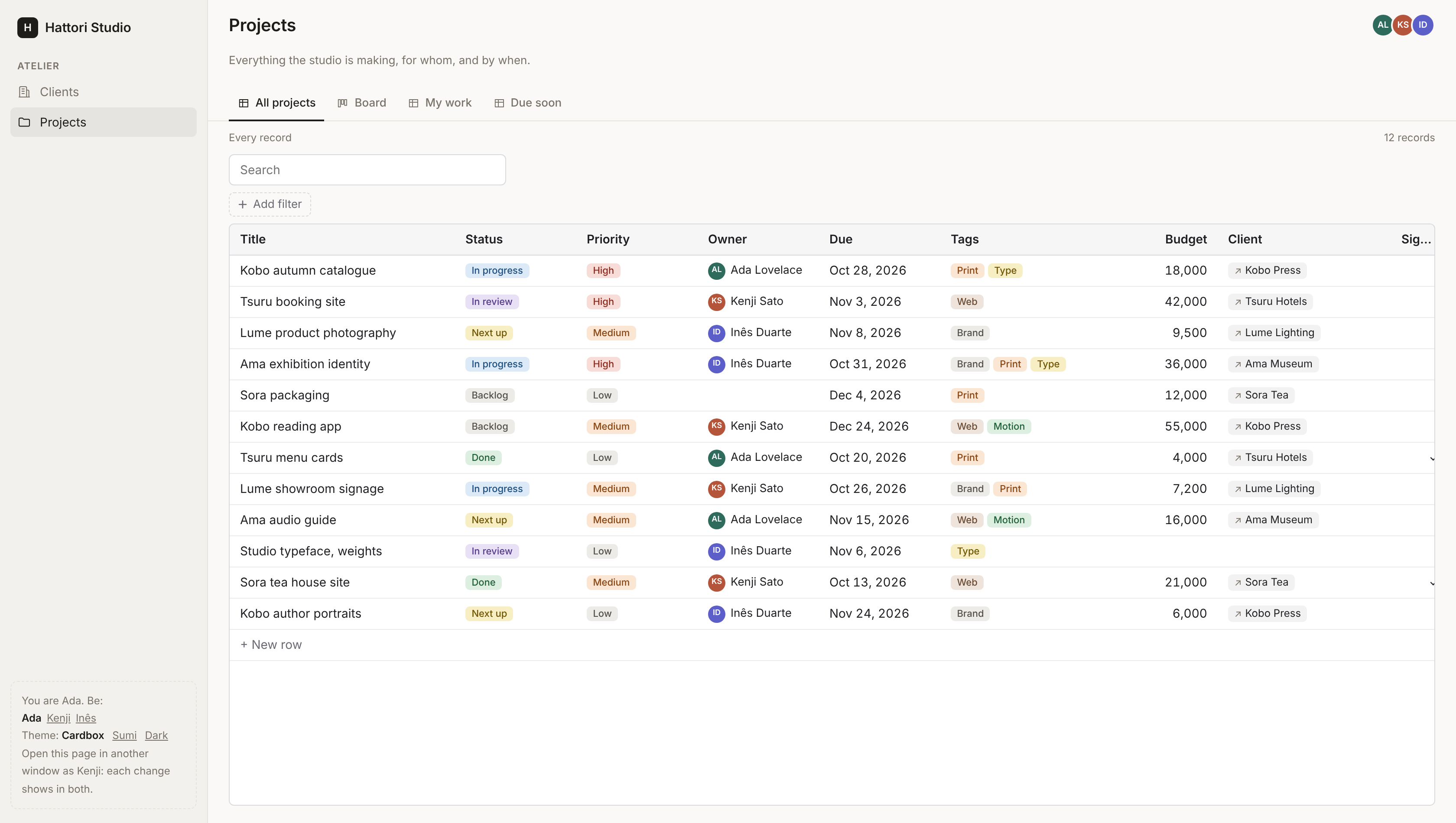 Projects in a Masu table: a status and a priority as chips in their colours, an owner by name, tags, a budget and the client each links to