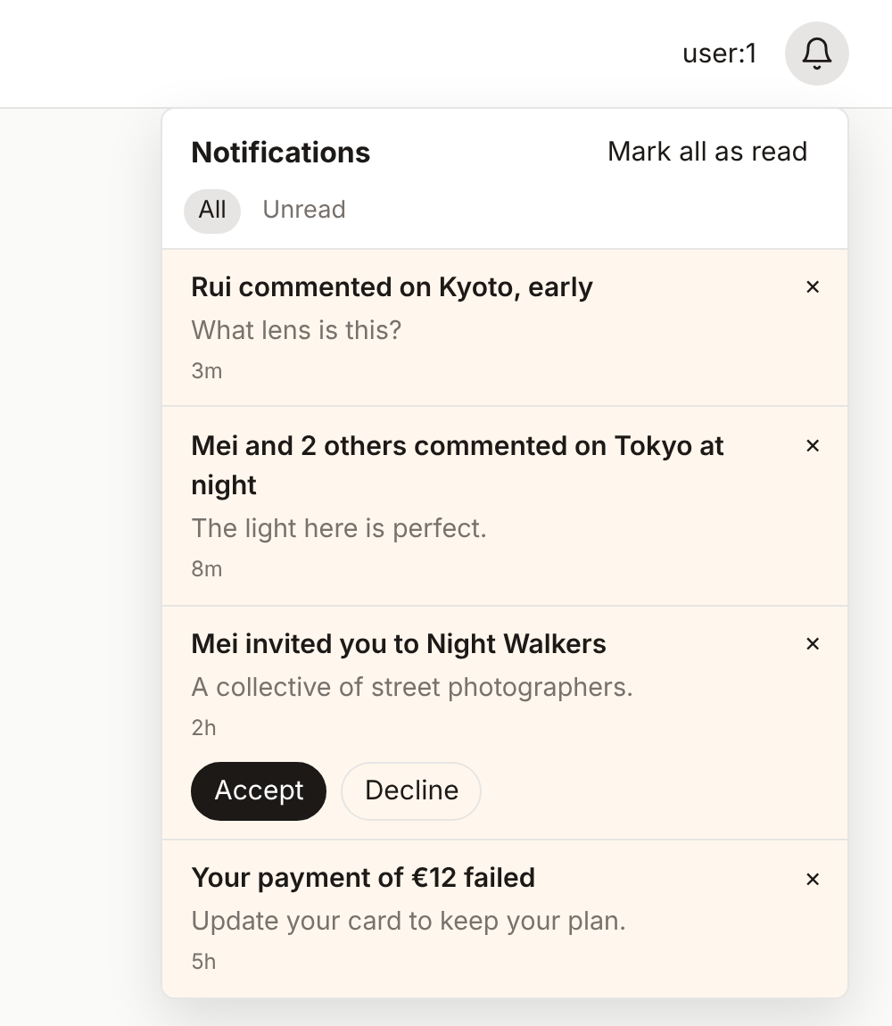 The bell open in an app: a comment, three comments grouped into one, an invitation with Accept and Decline, and a failed payment