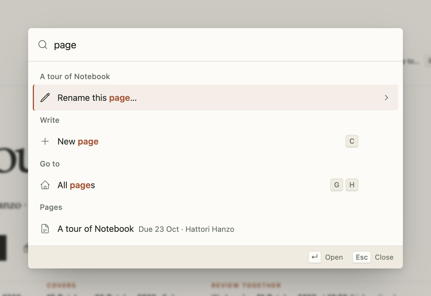 Jumon in Notebook: the query "page" finds an action of the page being read, the notebook's own actions with their shortcuts, and a page from a search of the server