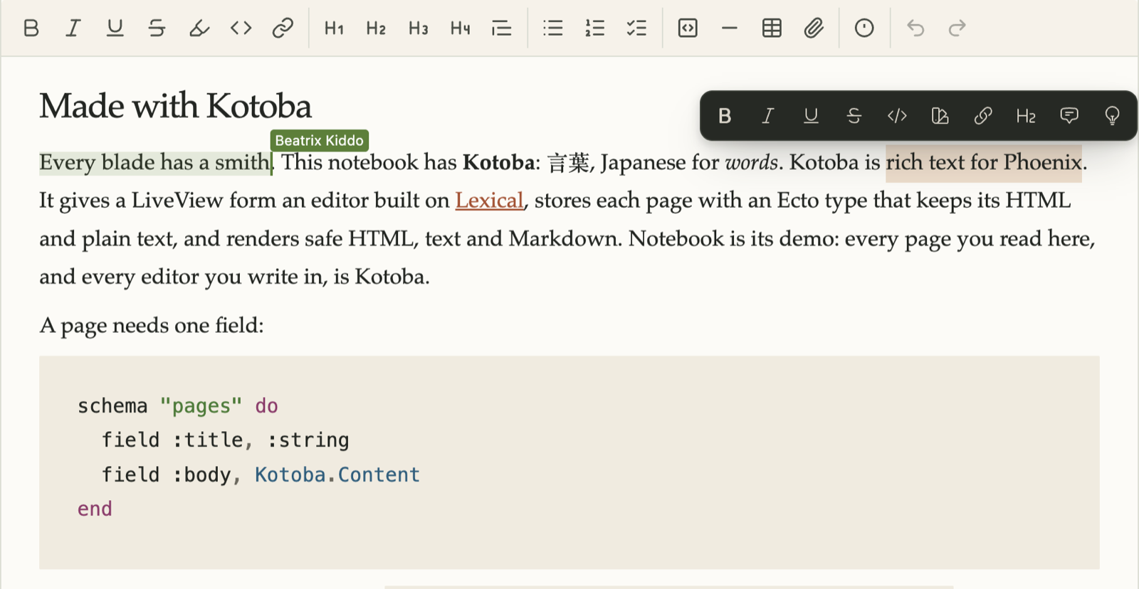 The Kotoba editor in Notebook: a toolbar, a second writer's live cursor, the selection menu over selected text, and a highlighted code block