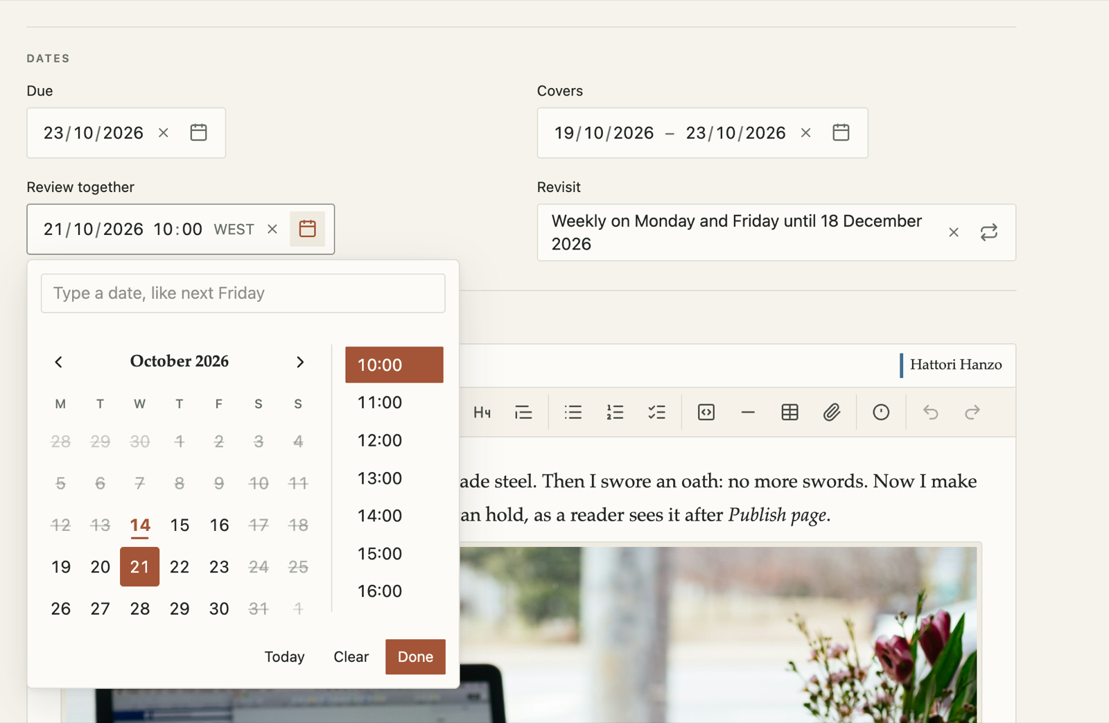 Koyomi in Notebook: a due date, a range of days, a repeat rule, and a day and time picker open on its time slots, with the weekends and the past days disabled by the rules