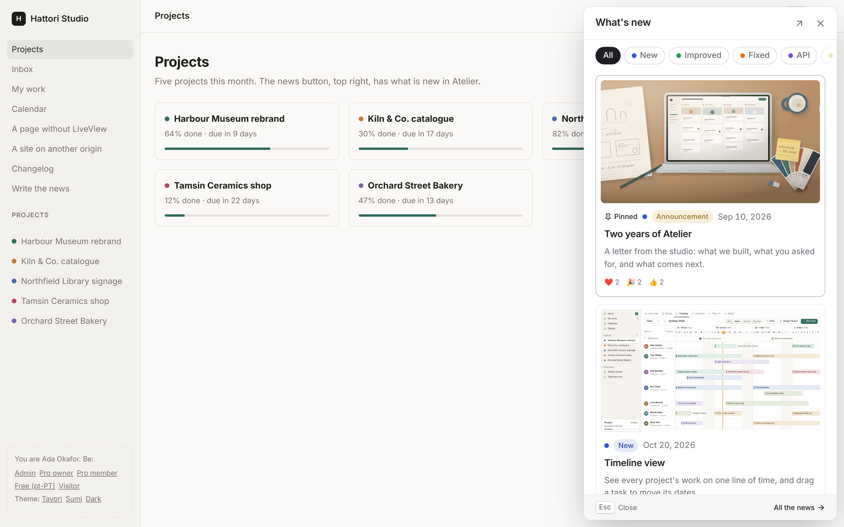 The news in a LiveView: the panel of a reader, with category filters, a pinned announcement, covers and reactions