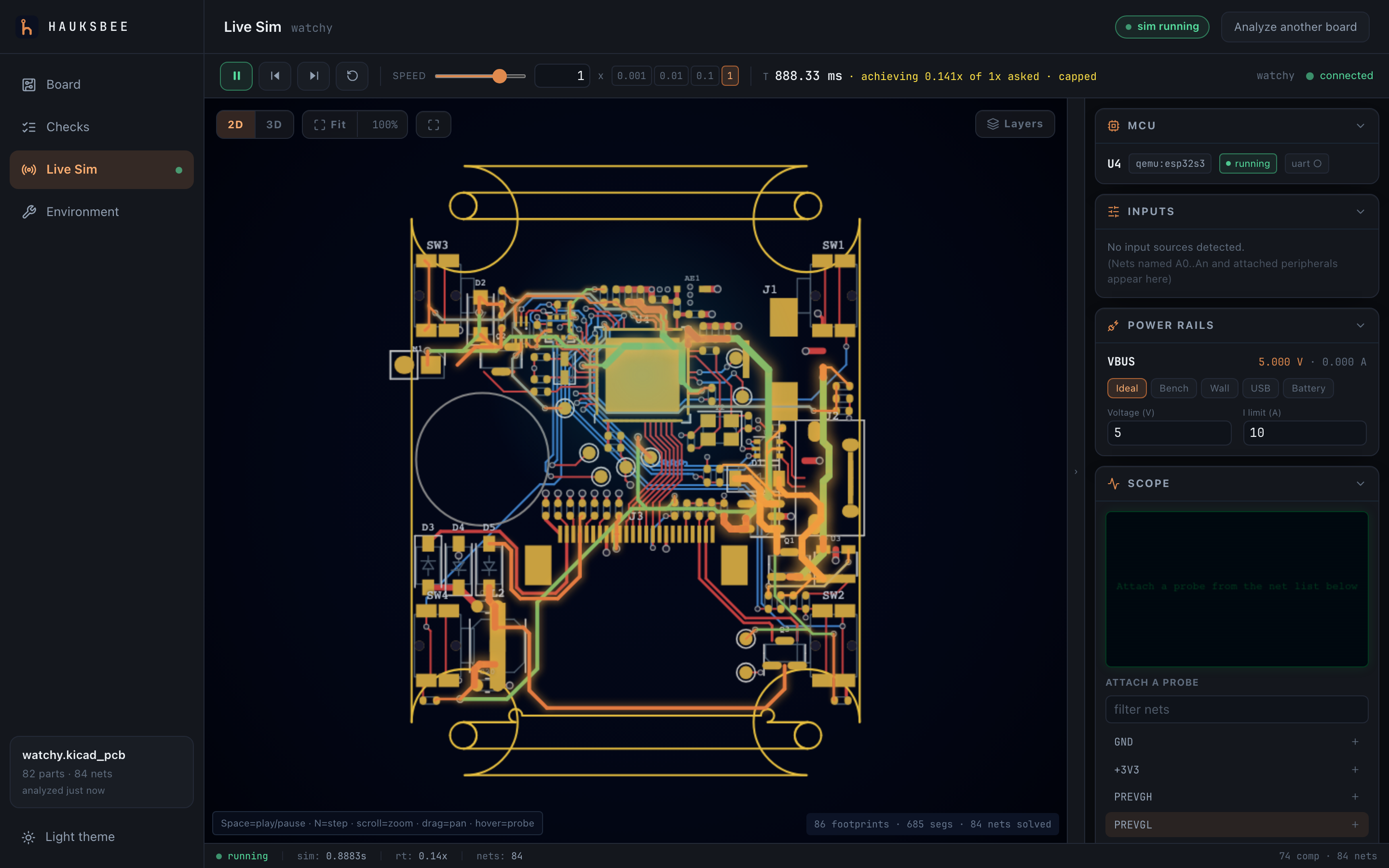 Hauksbee showing a board live in 2D with net activity