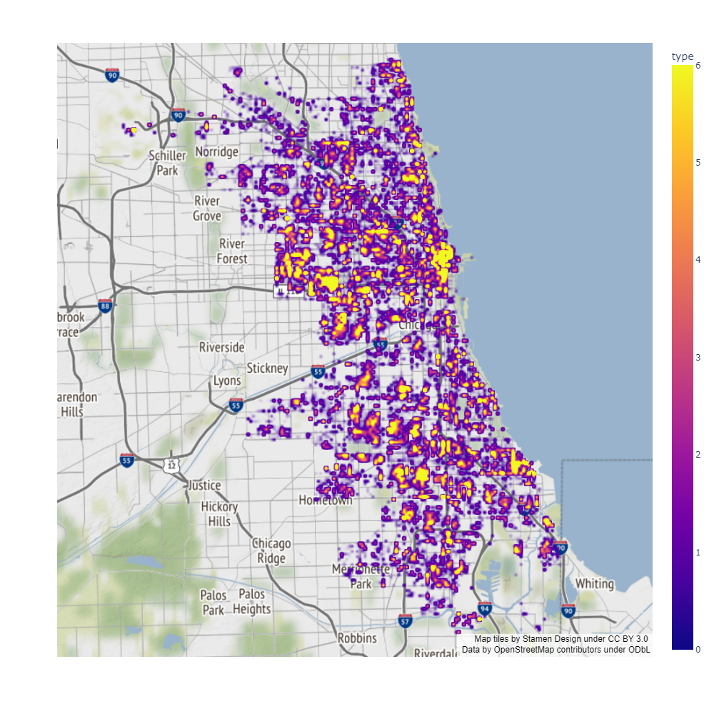 The basic heatmap (over chicago, with a basic timeframe), plotted using plotly.