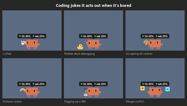 Coding jokes it acts out: coffee, rubber duck debugging, accepting all cookies, a fortune cookie, digging up a 404 from a treasure chest, a merge conflict