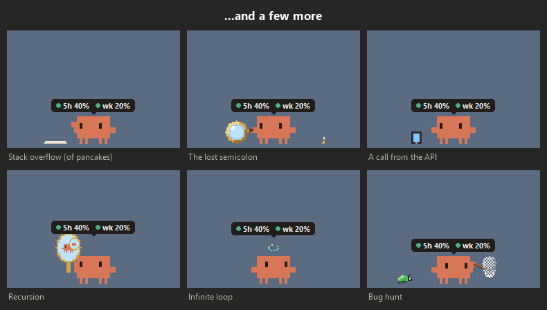 More coding jokes: a stack overflow of pancakes, the lost semicolon found with a magnifying glass, a call from the API, recursion, an infinite loop, and a bug hunt with a net