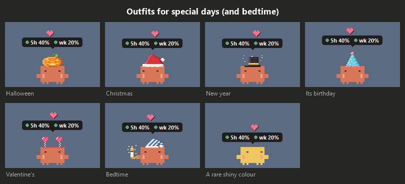 Outfits, each doing party hops: a Halloween jack-o'-lantern, a Santa hat, a New Year top hat, a birthday party hat, Valentine's hearts, a nightcap and candle at bedtime, and the rare shiny colour