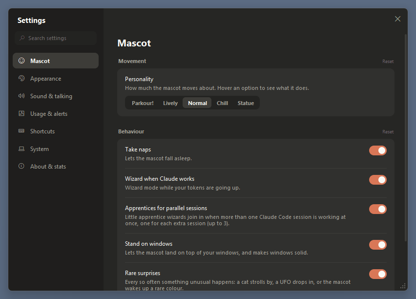 The settings window going through its pages: Mascot, Appearance (with a live preview), Sound and talking, Usage and alerts, Shortcuts, and About and stats