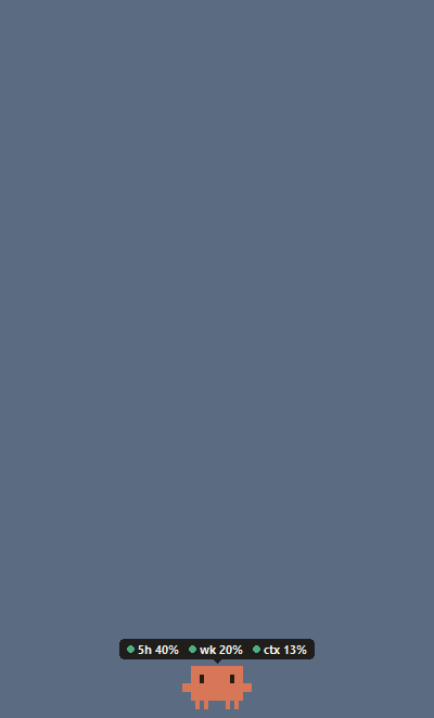 The mascot waves on the taskbar with its usage bubble, then the details panel fades in above it showing the 5-hour and weekly limits, reset times and a pace chart