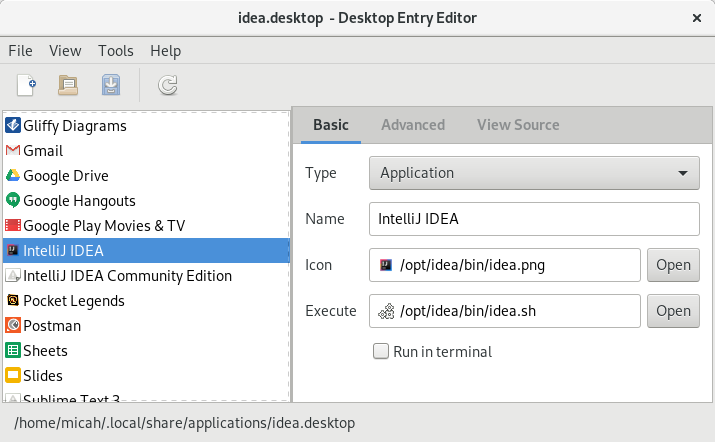 Desktop Entry Editor running on GNOME 3.2 in Fedora 16