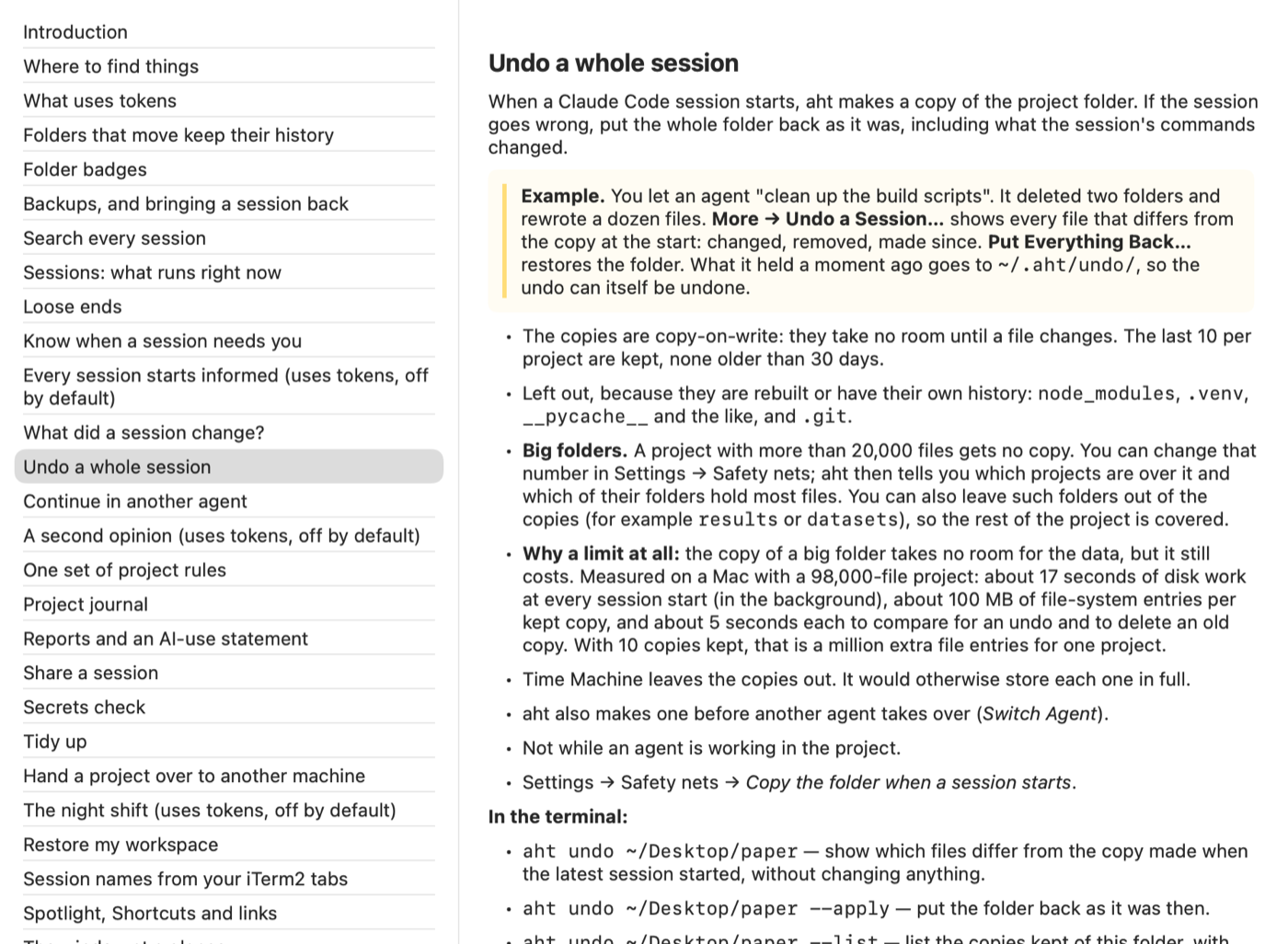 The guide window: every topic on the left, the selected one on the right