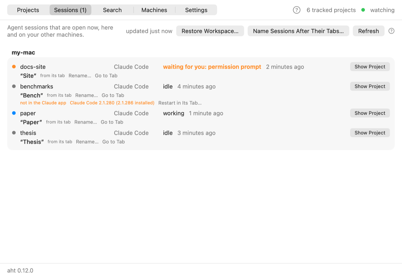 The Sessions tab: open sessions with their names, Go to Tab, and Restart in Its Tab for one outside the Claude app