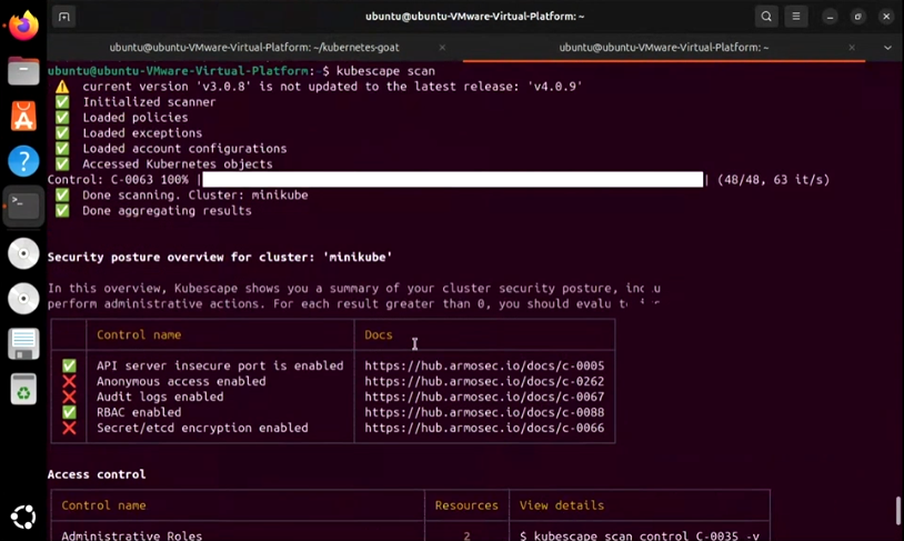 Kubescape scan security posture results