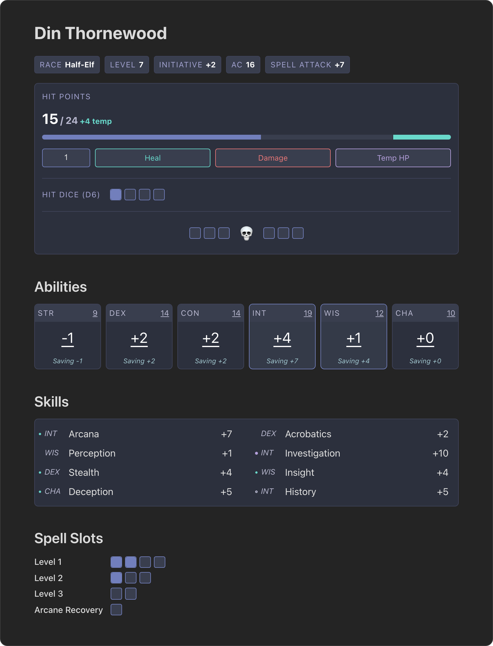 TTRPG UI Toolkit screenshot — A D&D character sheet built from TTRPG UI Toolkit code blocks