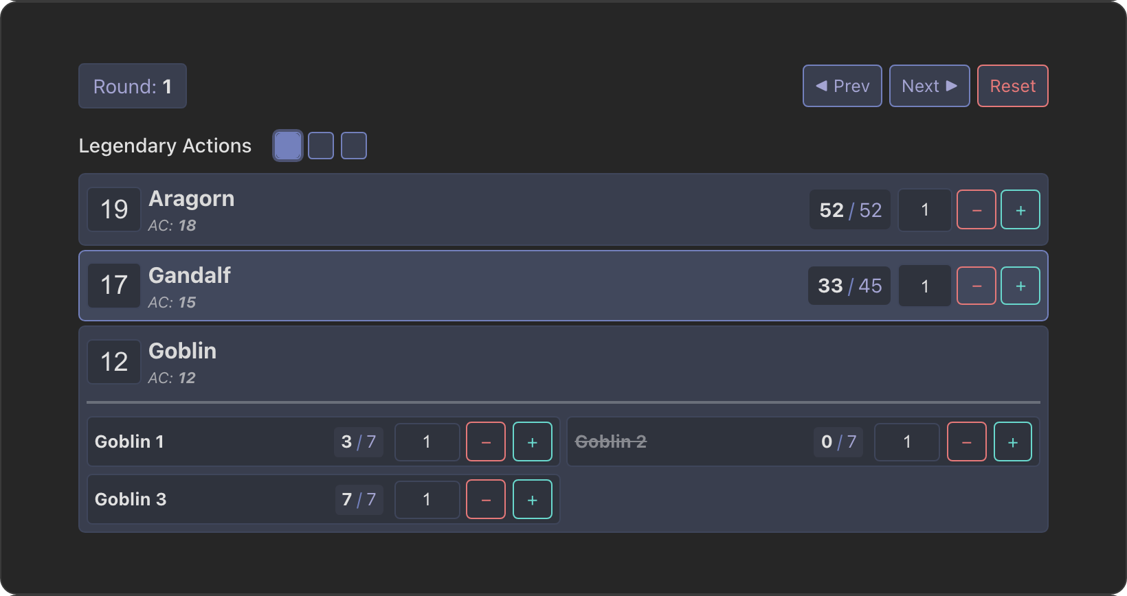 TTRPG UI Toolkit screenshot — Initiative tracker with three combatants, one of them a group of goblins