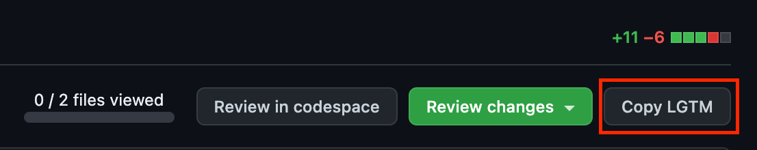 GitHub Pull Request screen. The Copy LGTM button is located to the right of the Review Changes button and is highlighted with a red border.