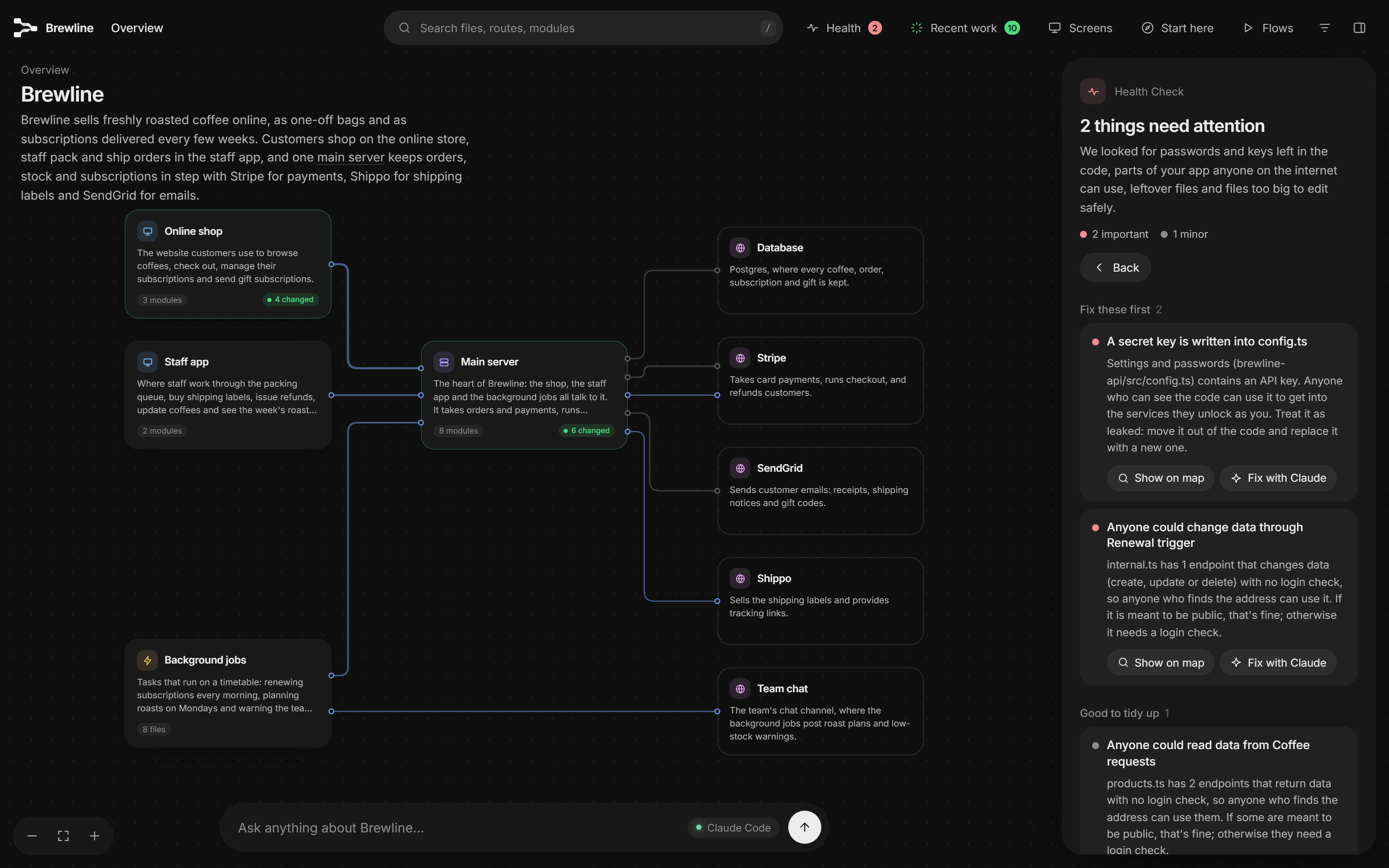 The Health panel listing a secret key written into the code and an endpoint anyone can use, each with Show on map and Fix with Claude