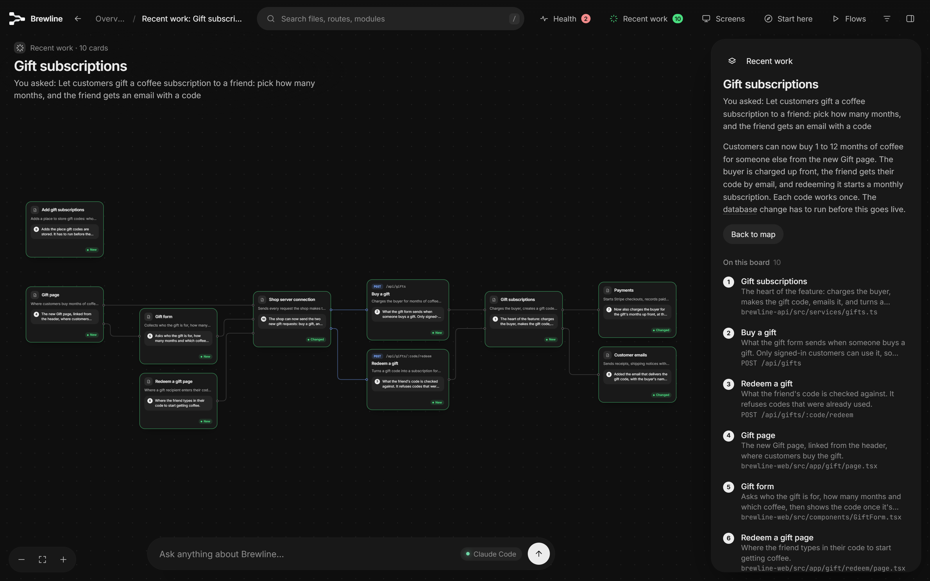 The Recent work board for a gift subscriptions feature: what was asked, what was done, and a note on every changed card