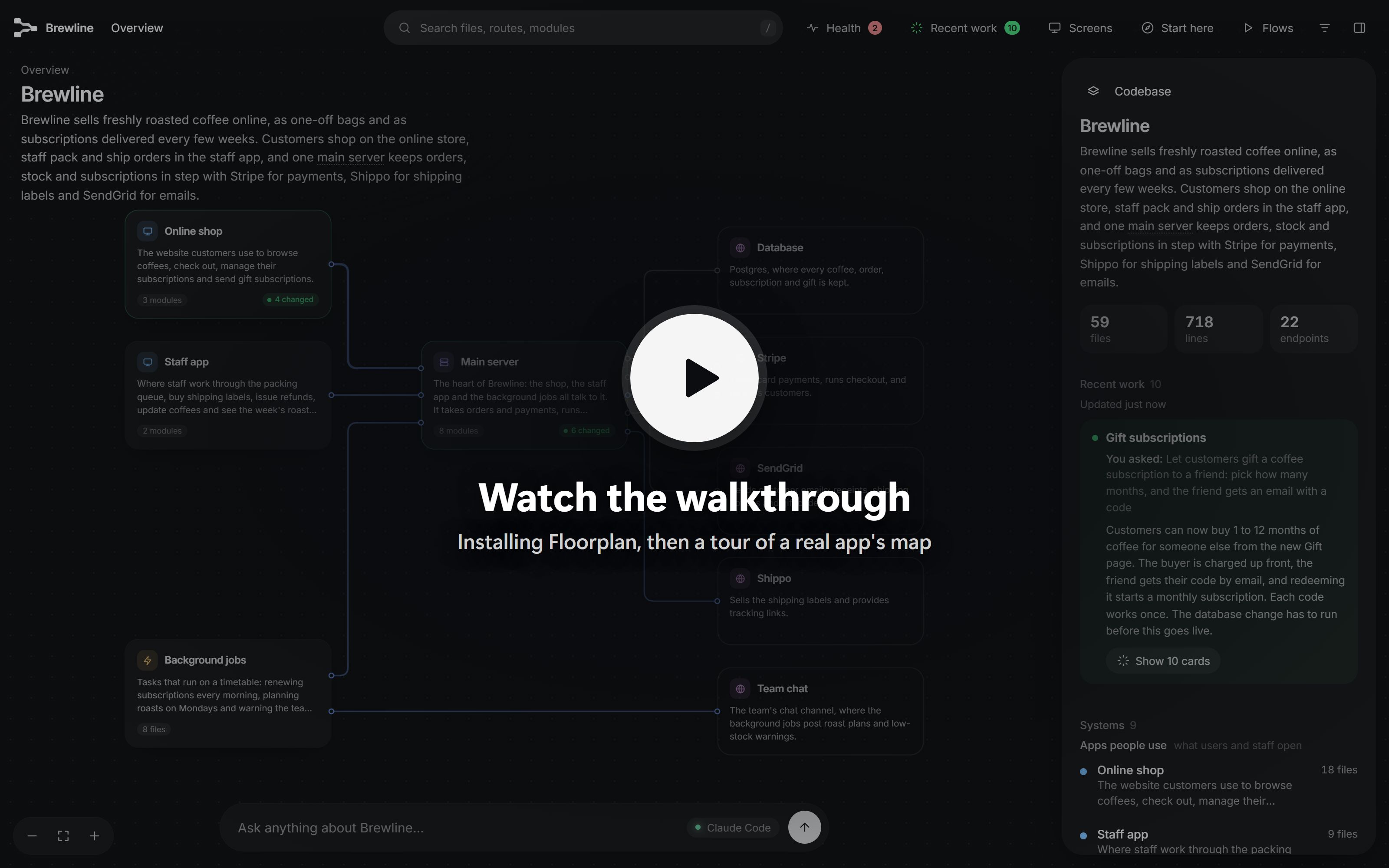 Watch the walkthrough on YouTube: installing Floorplan, then a tour of the map of Brewline, a coffee subscription app