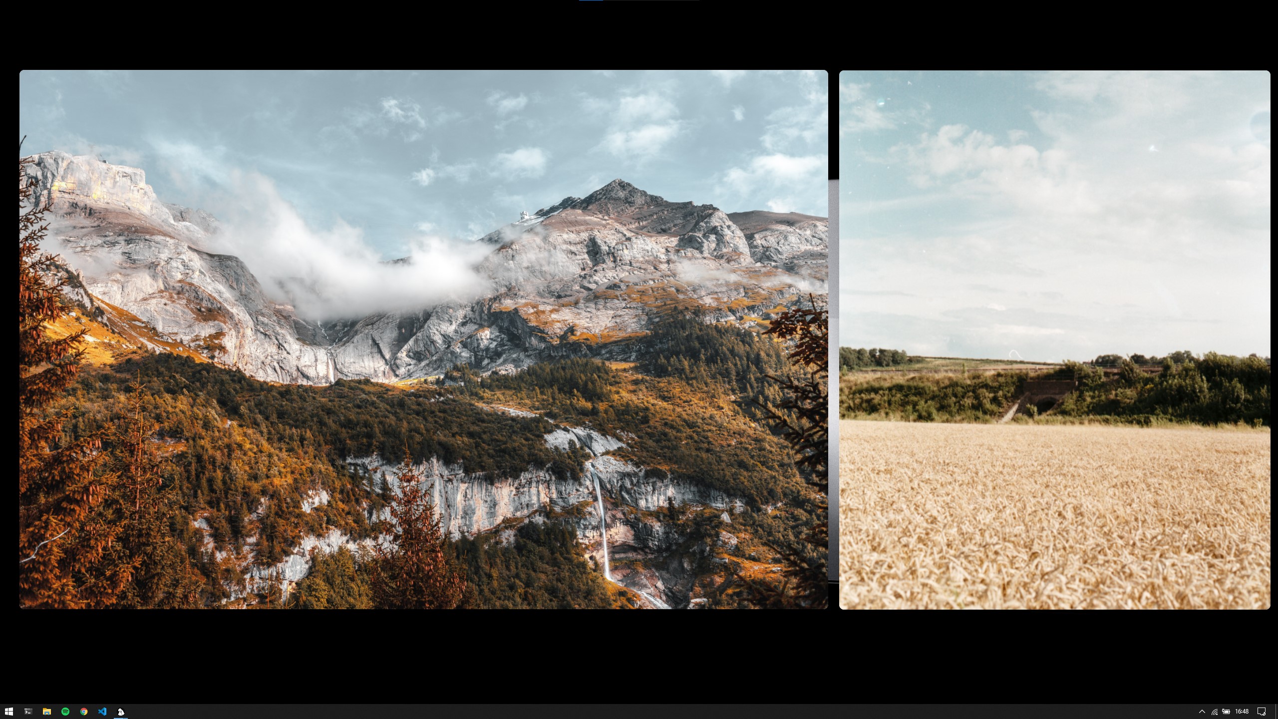 Shows a desktop with two windows with curved corners and no border. One window on the left of the desktop contains a mountain image. The window on the right contains a wheat field with a hill in the background.