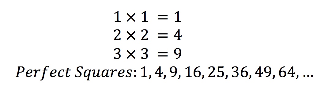 Imagen que muestra cuadrados perfectos. Ejemplos de cuadrados perfectos incluyen 1, 4, 9, 25, 36 y más.