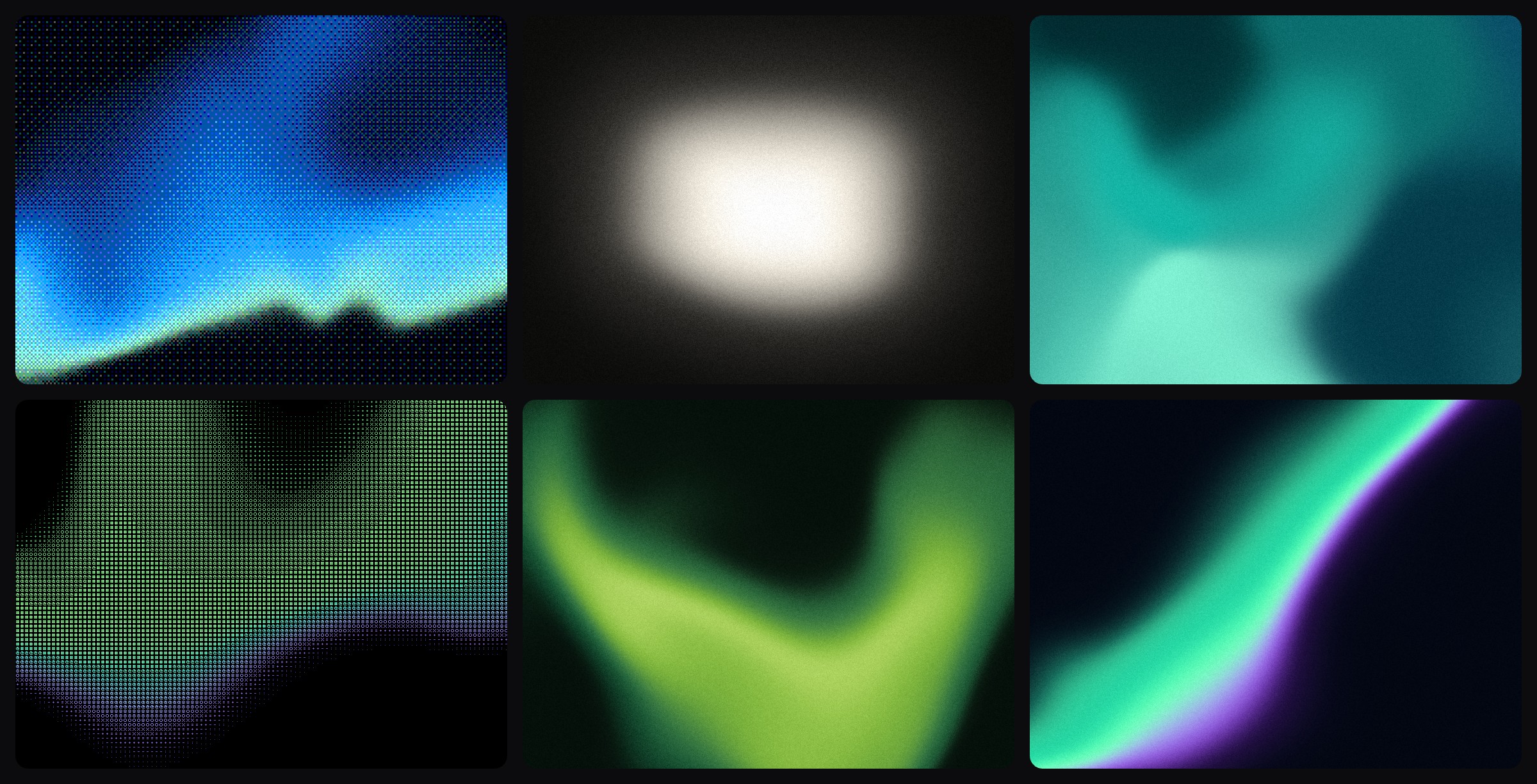 Six gradients made with hazeglow: dither tide, ivory, deep reef, ASCII aurora, moss and borealis