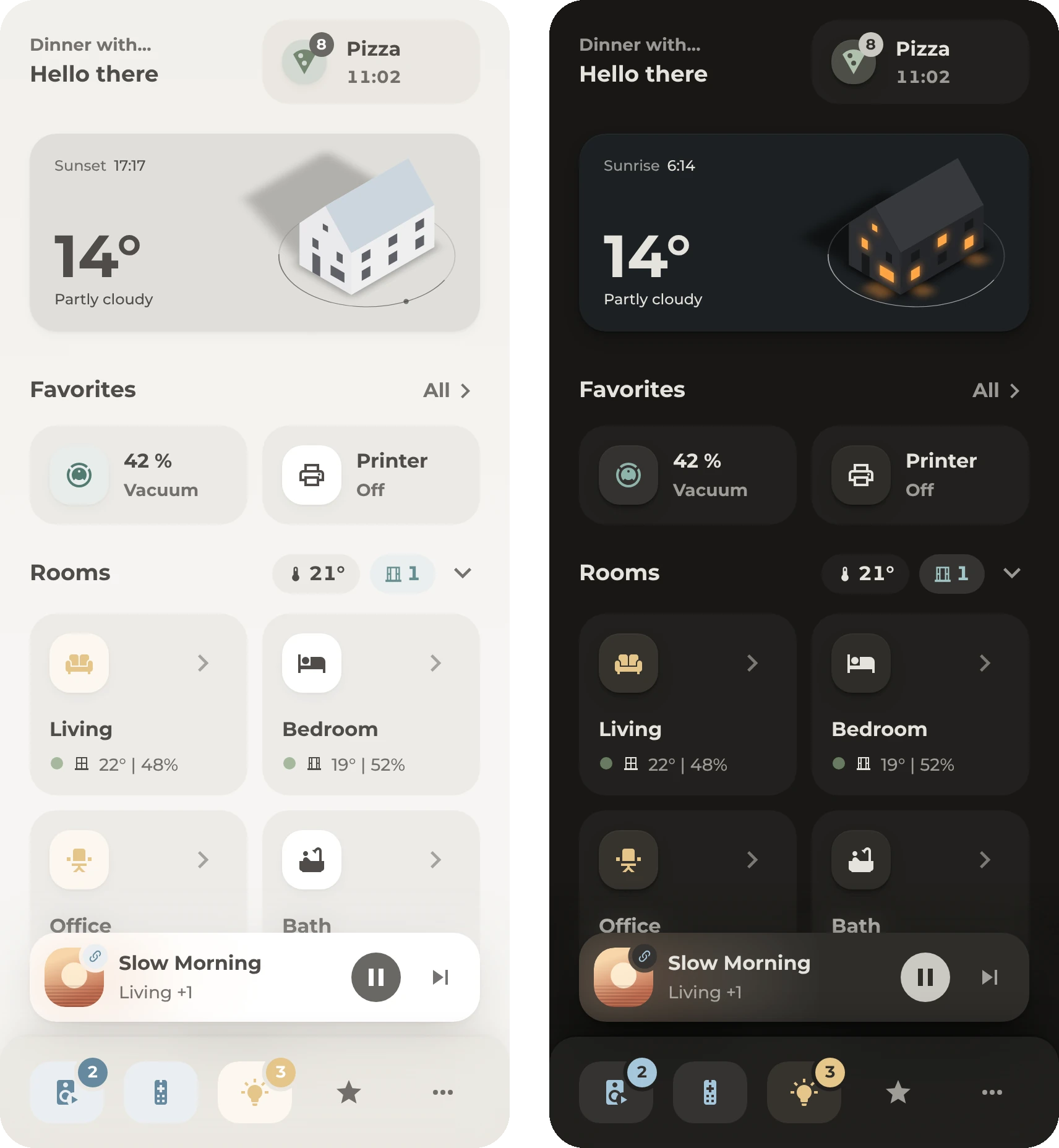 The Origami dashboard on a phone, in light and dark mode