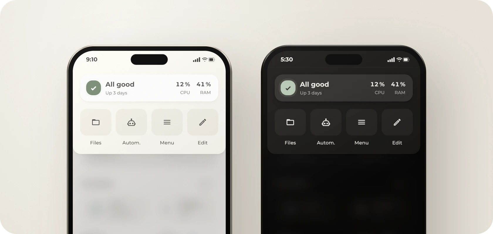 The menu opened from More in the navigation bar, in light and dark mode