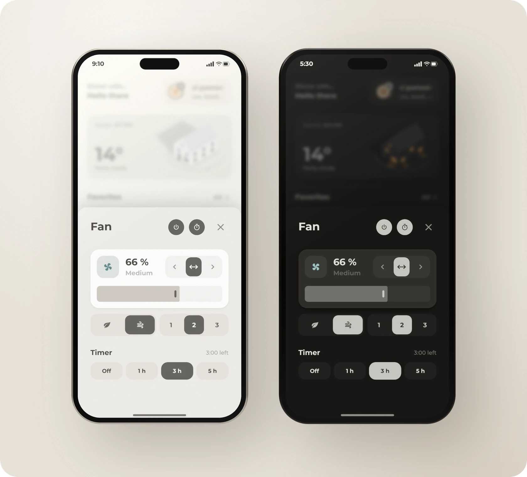 The fan pop-up in light and dark mode