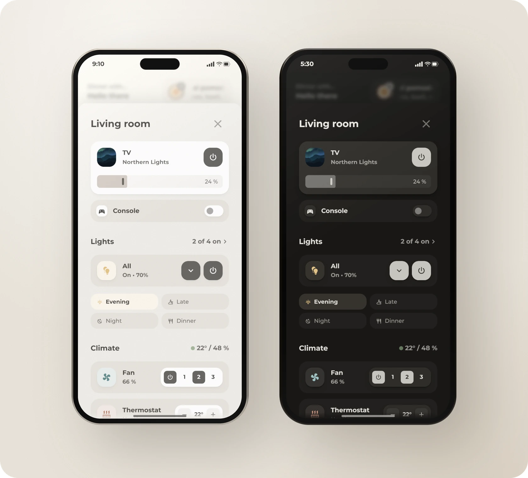 The living room pop-up in light and dark mode