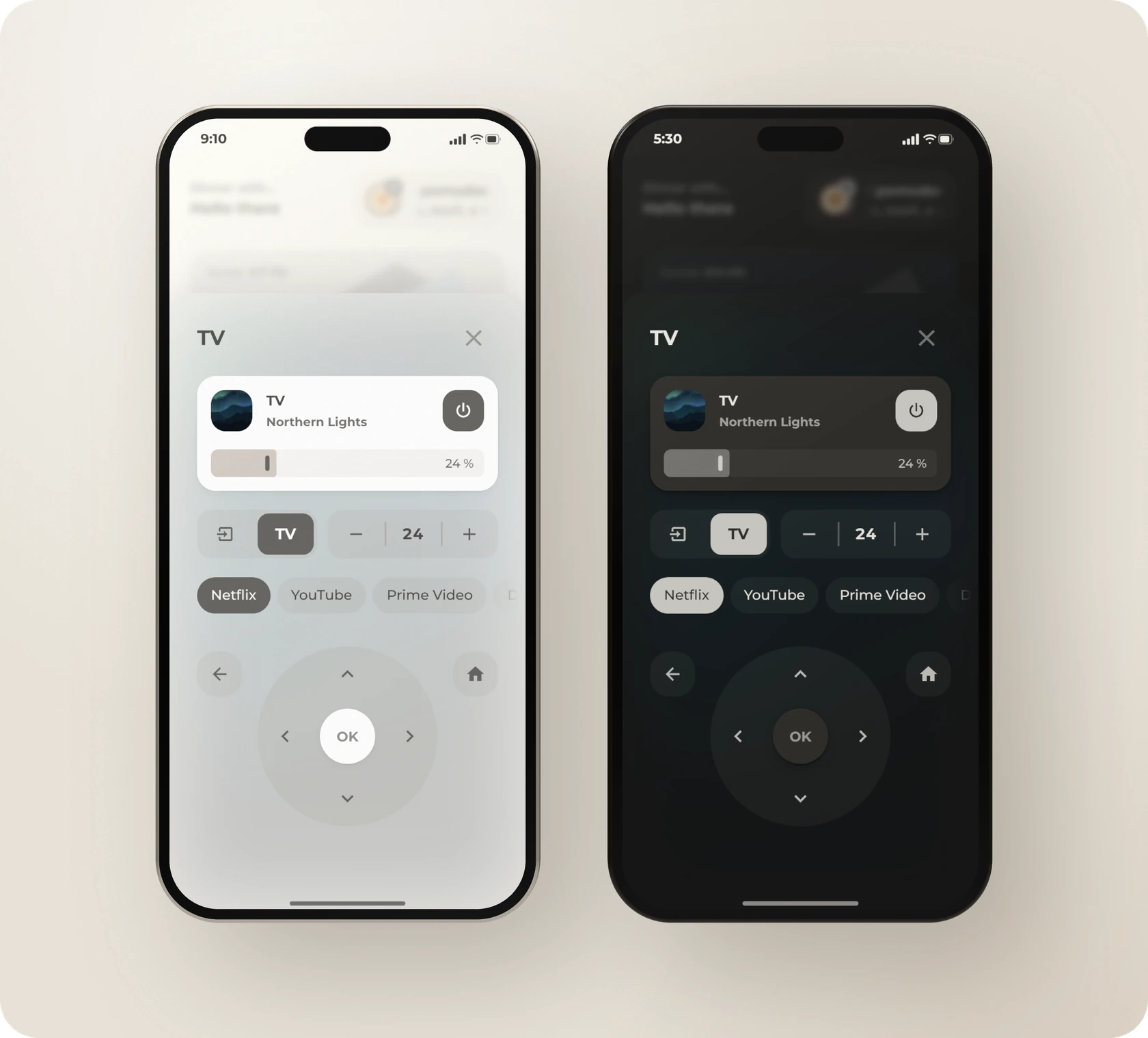 The TV pop-up in light and dark mode