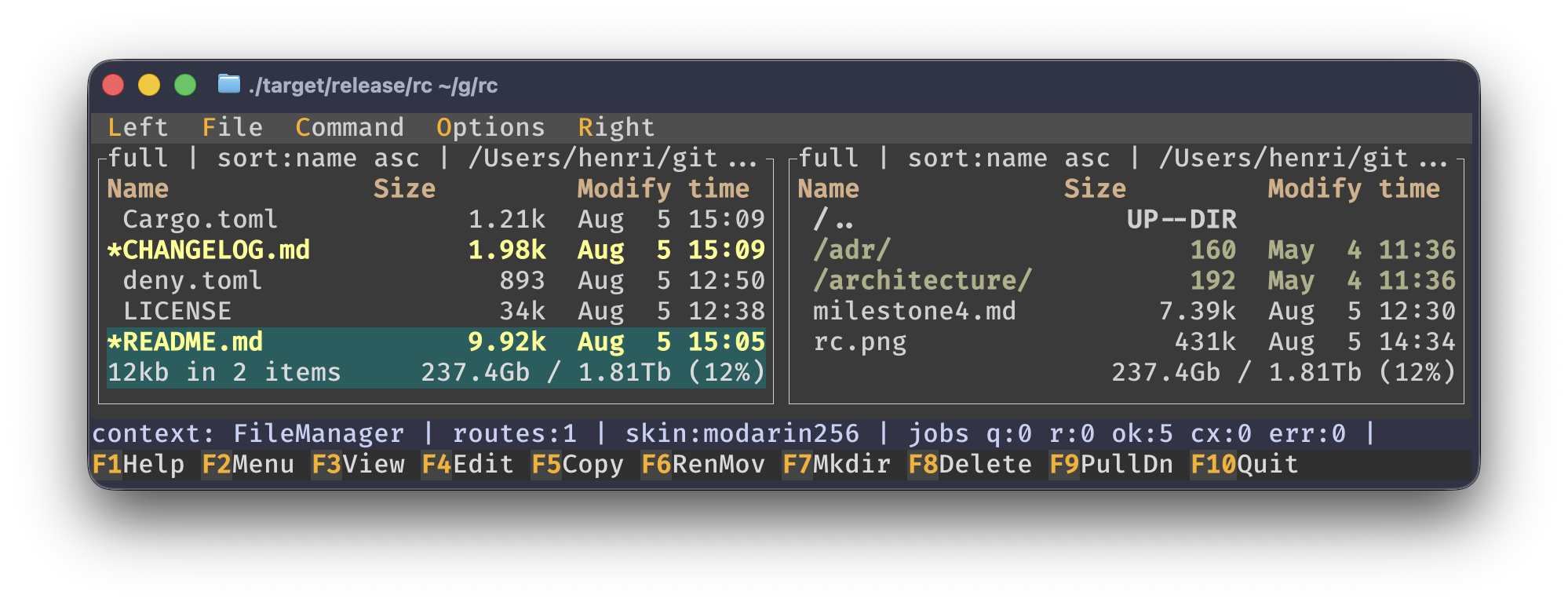 Rust Commander dual-pane terminal interface